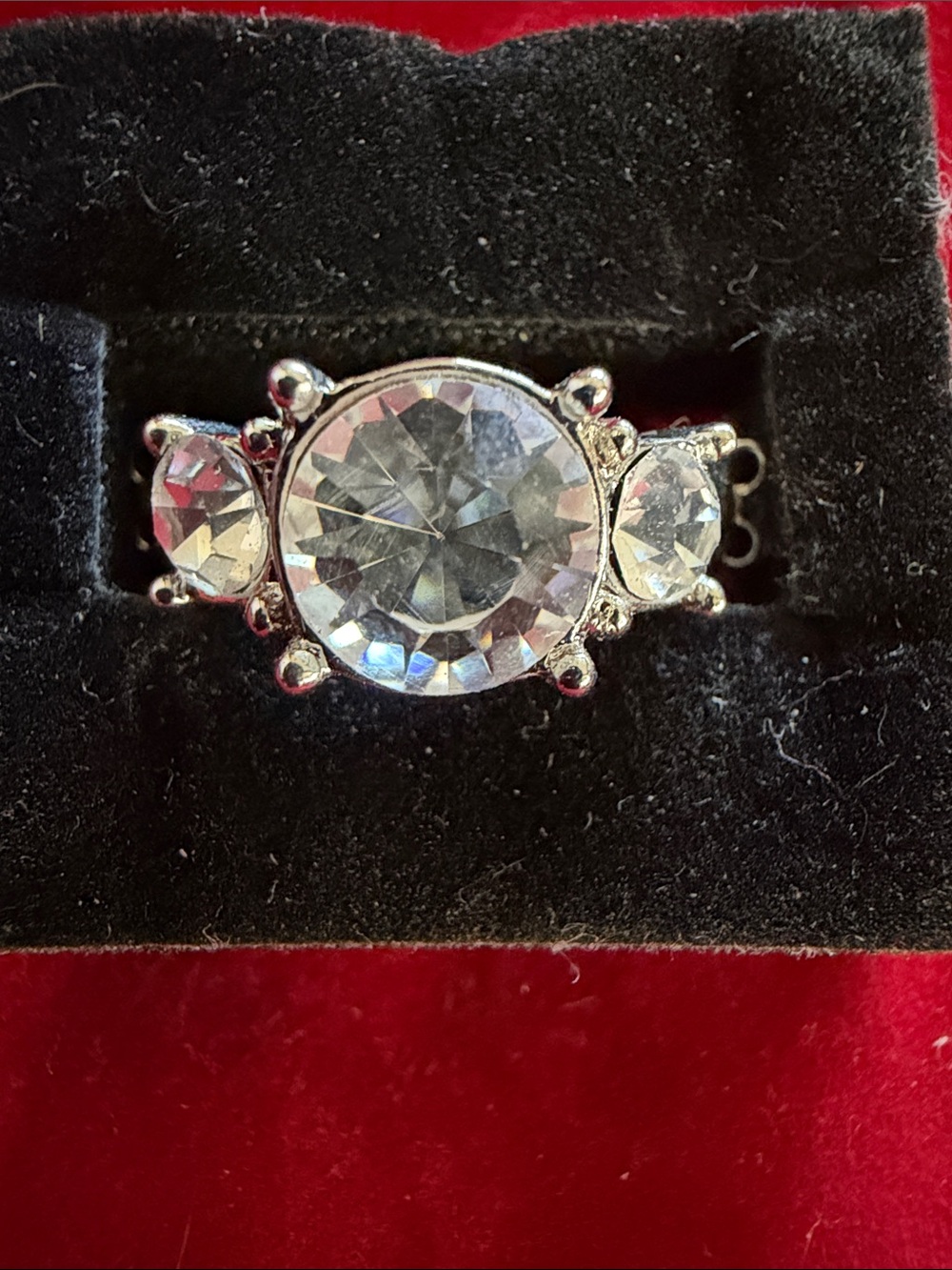 Silver Tone, Three Clear Sparkling Stones Stretch Ring, (J0296)